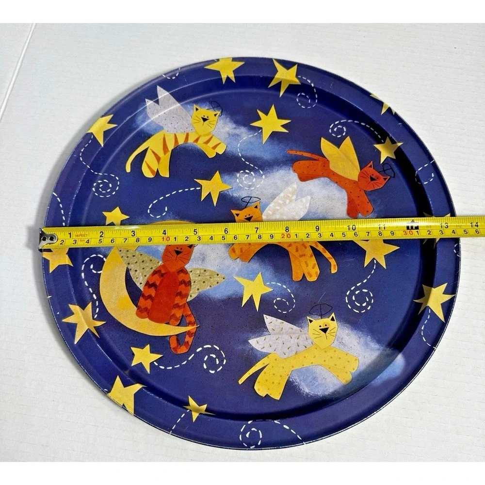 Vintage Angel Cats Tin Serving Tray Blue Celestial Starry Night Round 13